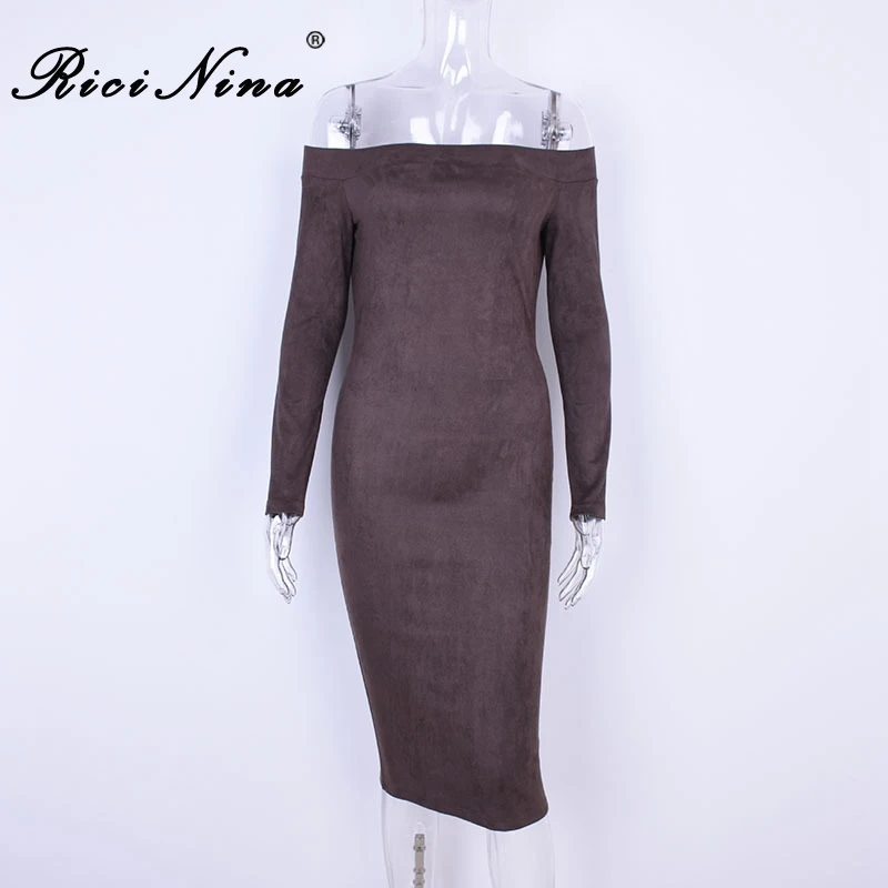 RICININA 2019 Summer Solid Casual Dress Women Slash Neck Long Sleeve Bodycon Party Dress Woman Sexy Slim Club Dresses Vestidos