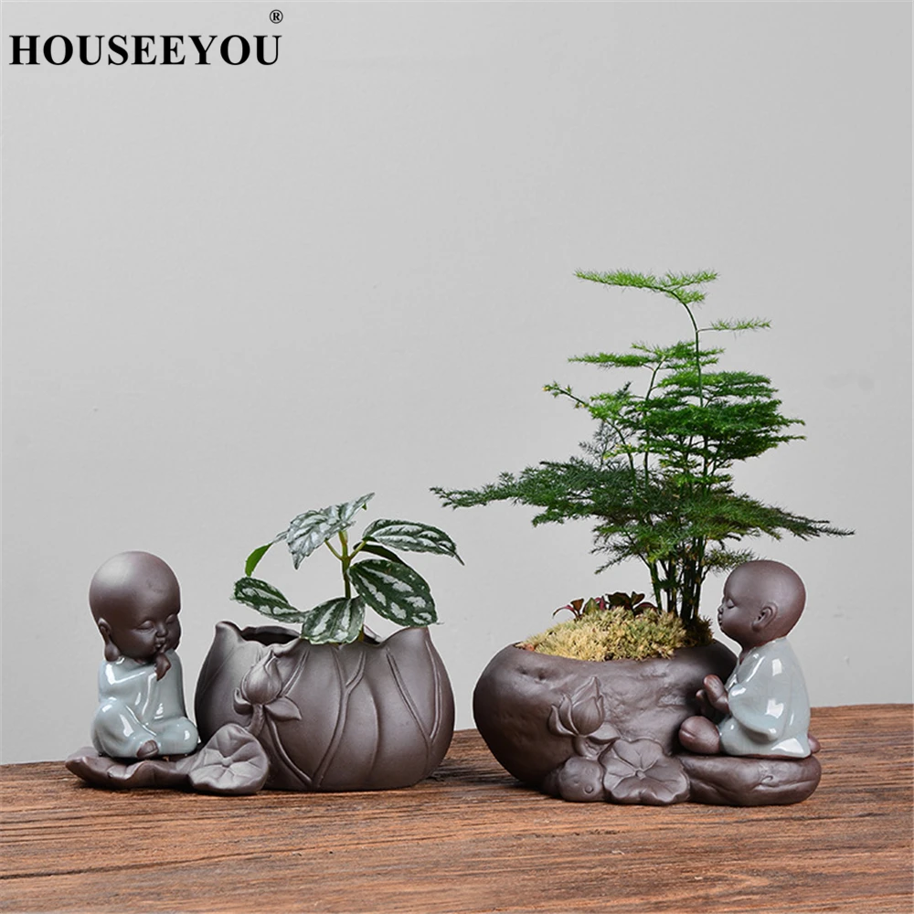 

Creative Little Monk Zen Purple Clay Hydroponic Succulents Flower Pot Ceramic Flower Vase Small Ornaments Living Room Decor