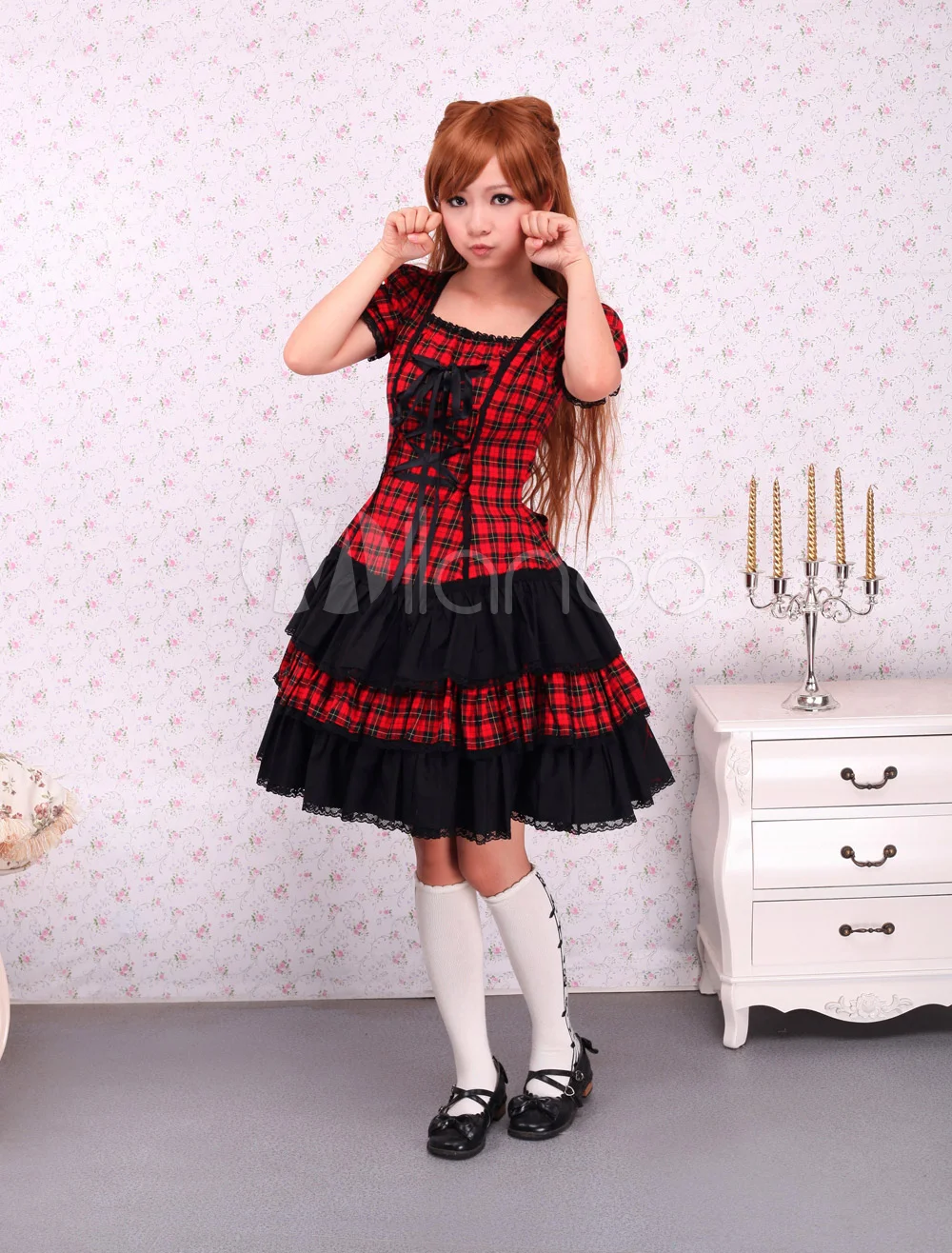 Cotton Short Sleeves Black And Red Shepherd Check School Lolita Dress | Тематическая одежда и униформа