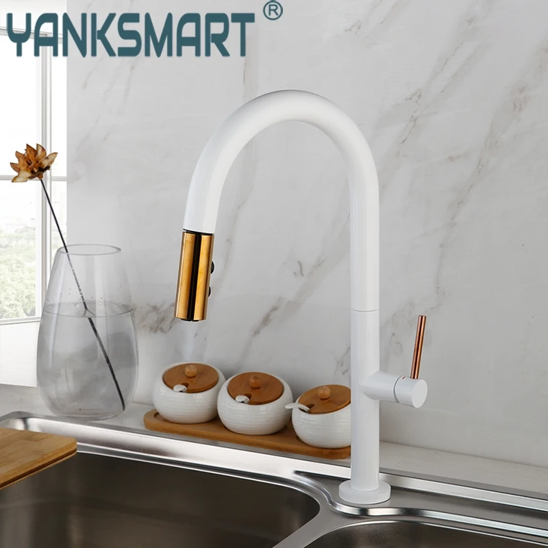 

Kitchen Faucet 360 Swivel Pull Out 2 Ways Spray Solid Brass Kitchen Basin Sink Faucet Black White Water Mixer Taps Faucets