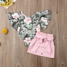 Pudcoco/Новейшая модная одежда для маленьких девочек Комбинезон с цветочным принтом и рюшами на рукавах, топы, мини-юбка комплект из 2 предметов, летняя одежда