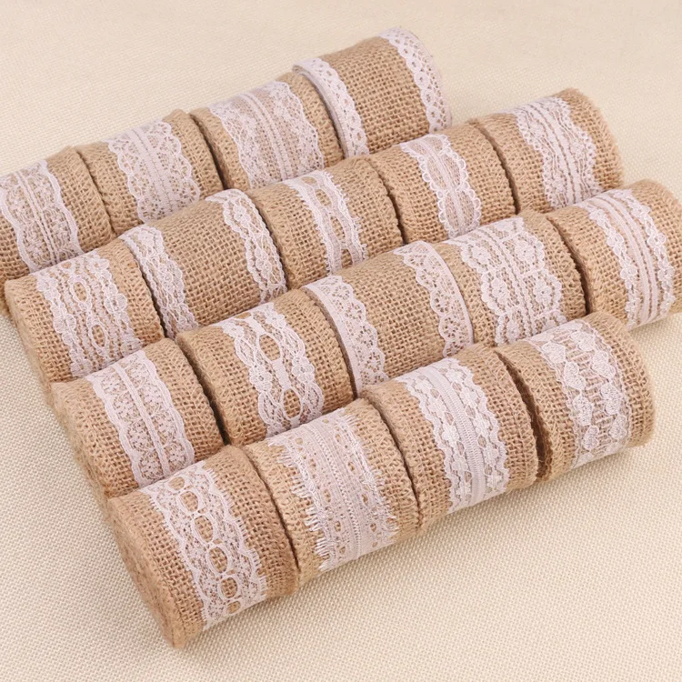 

2Meters/Roll (2inch=5cm Width) Jute Burlap Hessian Rolls Ribbon with White Lace Decoration Vintage Rustic Wedding Party Supplies