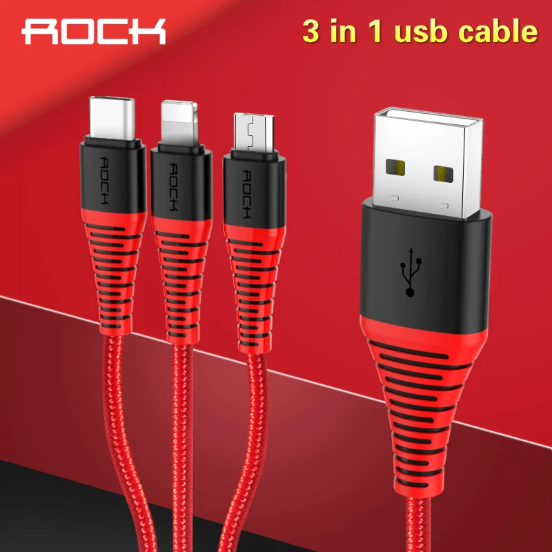 

ROCK 3 in 1 USB Cable For iPhone Samsung Huawei Xiaomi Micro USB Type C Fast Charging Data Cord Mobile phone 3in1 Cabes