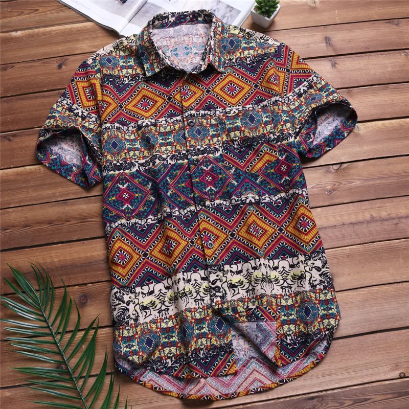 Гавайские мужские рубашки, 5XL, приталенные, хлопковые, с цветочным рисунком, с коротким рукавом, с отложным воротником, изогнутый подол размера плюс, топы, Camisa, летние, INCERUN - Цвет: Colorful