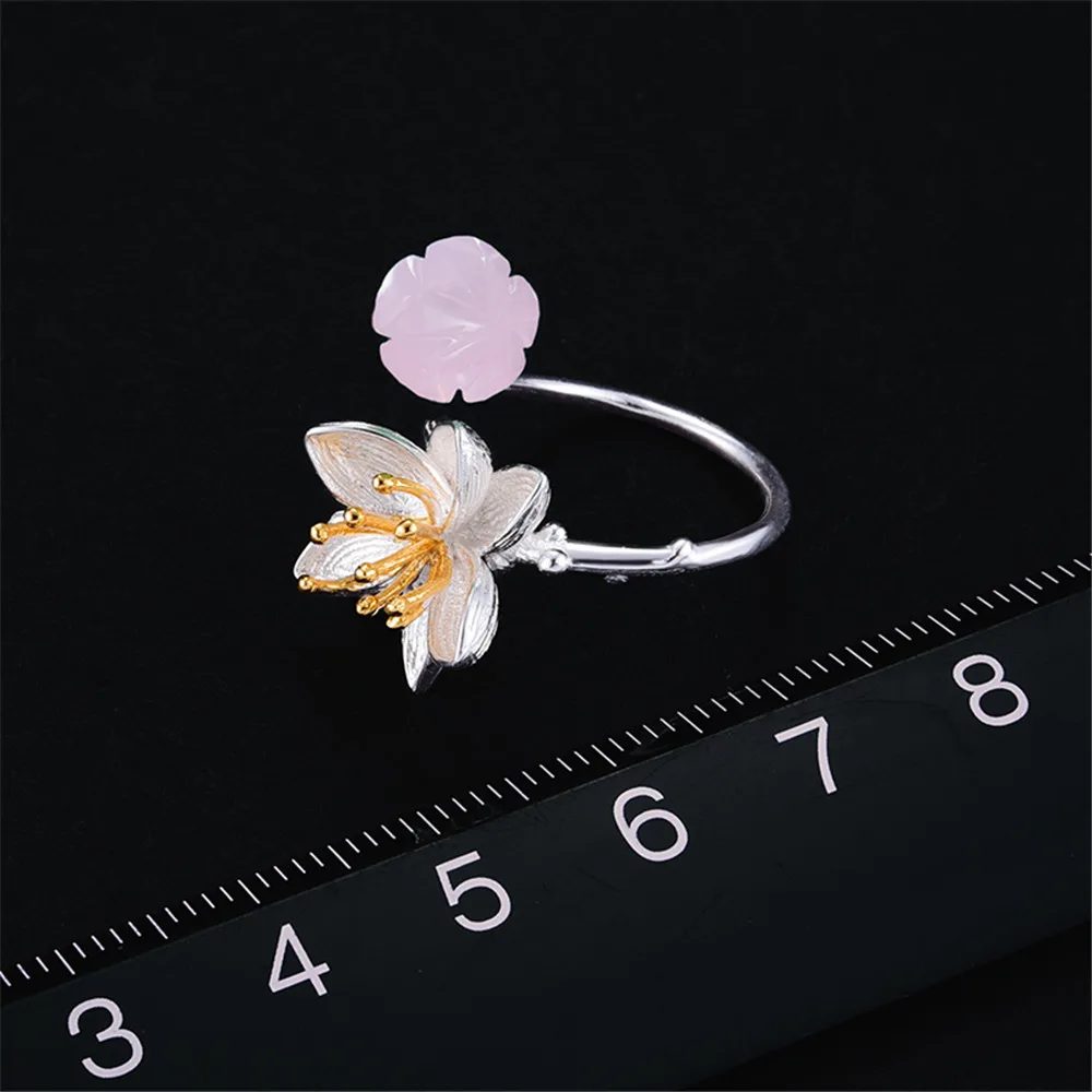 Lotus Fun Real 925 Sterling Silver Natural Rose Quartz Handmade Fine Jewelry Flower Ring Lotus Whispers Rings for Women Bijoux