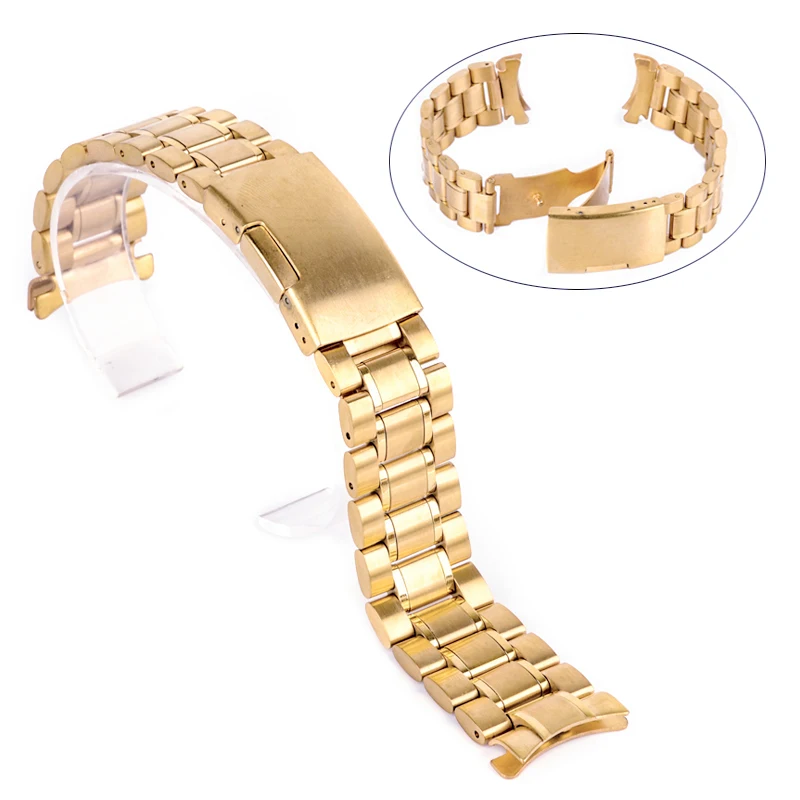 18/20/22/24mm Curved End Watch Band Unisex Stainless Steel Metal Wristwatch Strap Double Fold Deployment Clasp Bracelet 3 Colors