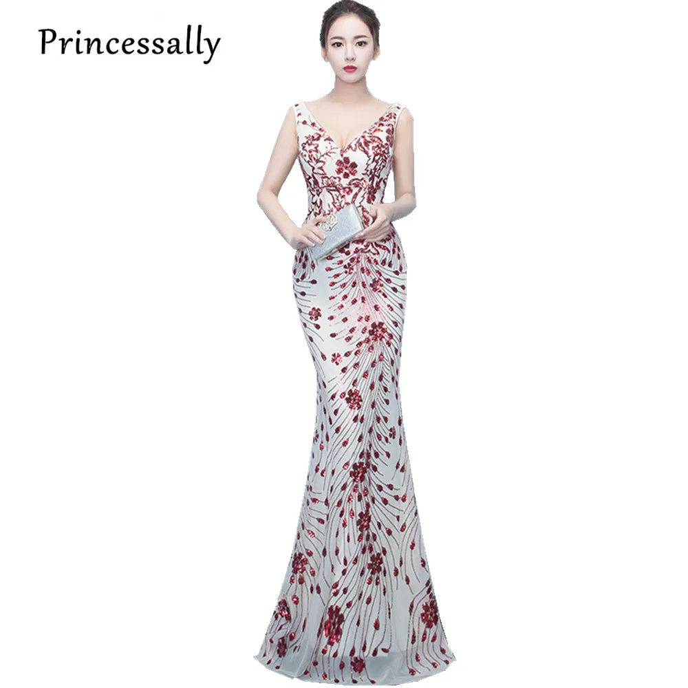 

Pirncessally New Sequined Evening Dress Mermaid Wine Beading Flower Sexy V-neck Elegant Bride Banquet Party Gown Robe De Mariage