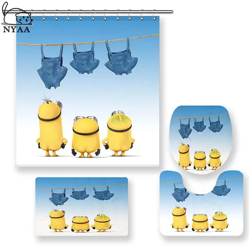 Kaufen NYAA 4 Pcs Blau Hintergrund Cartoon Minions Dusche Vorhang Sockel Teppich Deckel Wc Abdeckung Matte Bad Matte Set Für Bad decor