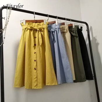 

Fitaylor Summer Women Skirts 2019 Knee Length A-line Skirt Female Sash Tie Up Single Breasted Casual Elastic High Waist Skirt