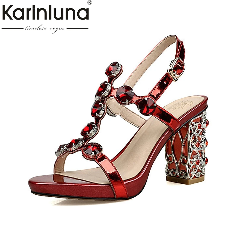 

KarinLuna 2018 Summer New Arrival Brand Genuine Leather Crystal Women Sandals Elegant Ethnic High Heels Shoes Woman