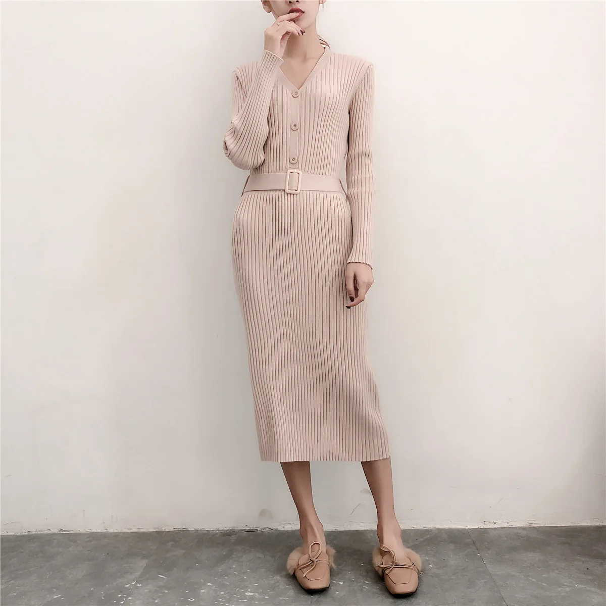 

Autumn Winter Women Casual V Neck Knitting Slim Bodycon Sweater Dresses Office Lady Korean Style Button Dress with Belt