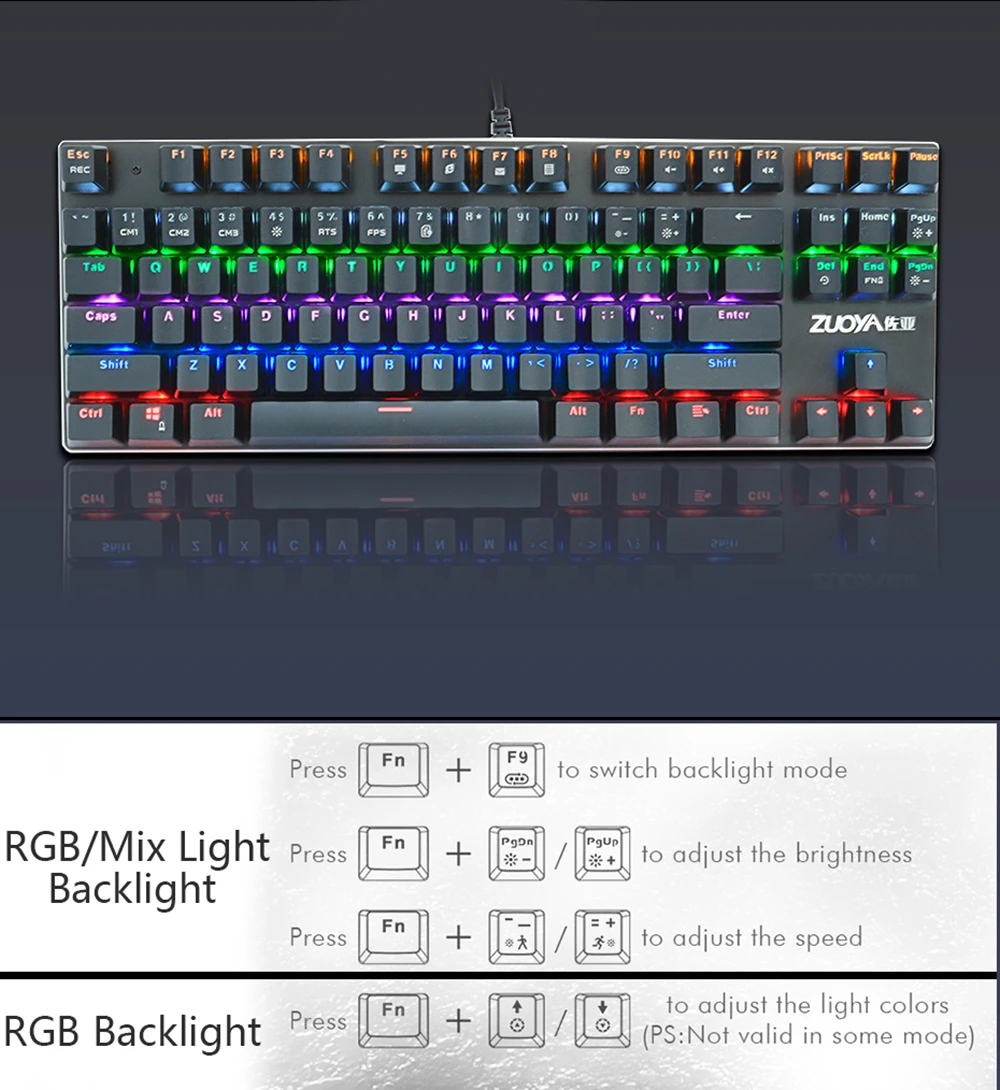 Gaming Mechanical Keyboard Blue Red Switch 87key RU/US Wired Keyboard Anti-ghosting RGB/ Mix Backlit LED USB For Gamer PC Laptop