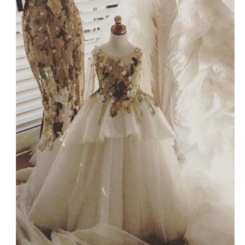 2017 Appliques Sequins Ball Gown Flower Girls Dresses For Wedding
