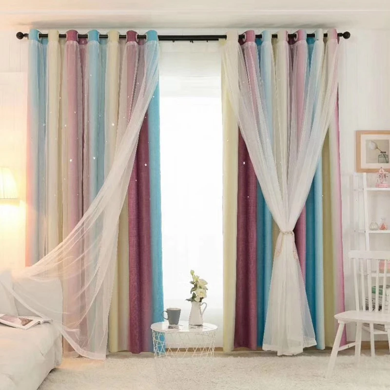 

Hollowed Out Stars Blackout Curtain Double-Layer Shading Window Drapes Gauze tulle curtain for Living Room Princess Kid Room