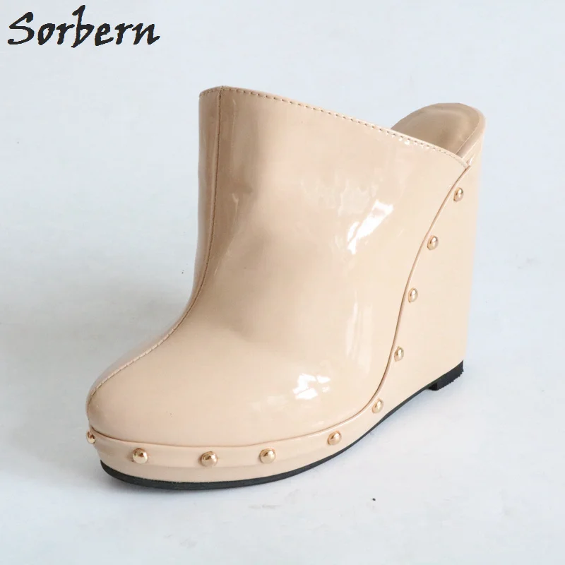 

Sorbern Nude Women Pump Mules Wedge High Heels Pointed Toe Slip On Outdoor Shoes Ladies Rivets Mules Wedges Shoes For Women