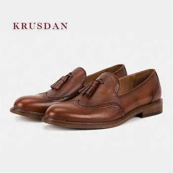

KRUSDAN Brown Genuine Leather Loafers Tassel Casual Men Dress Wedding Party Shoes Gentleman Luxury Brand Slippers Smoking Flats
