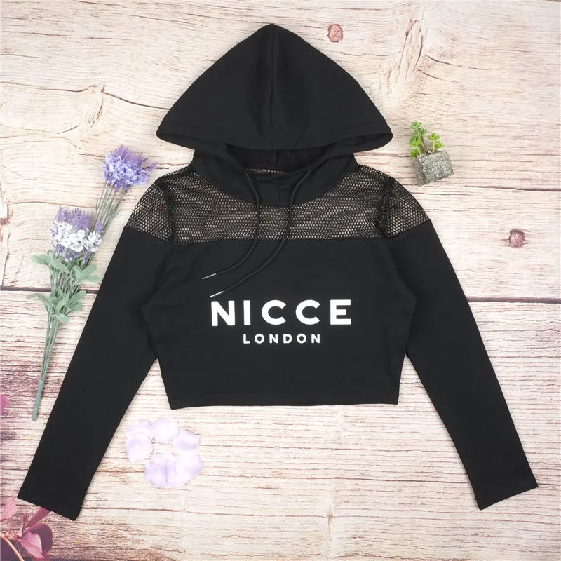 NICCE london Women short Sweatshirt black Letter Printed crop tops Casual  Streetwear cotton Hoodies