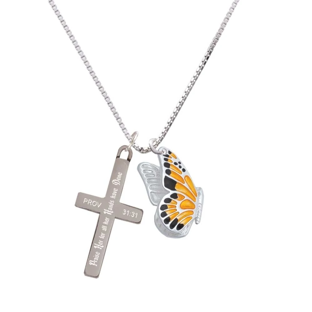 Large Orange & Black Flying Butterfly - Praise Her - Cross Necklace