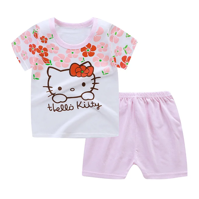 

Summer New Baby Cotton Short Clothes Suit Pink Kitty Cat Kids Breathable T-shirt+shorts