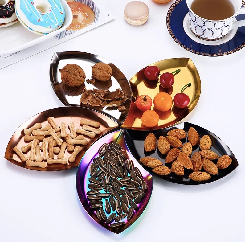 

Leaf Pattern Decorative Gold Plate Dish Candy Trinket Dish Jewelry Fruit Serving Storage Trays Box Plate Stainless Steel