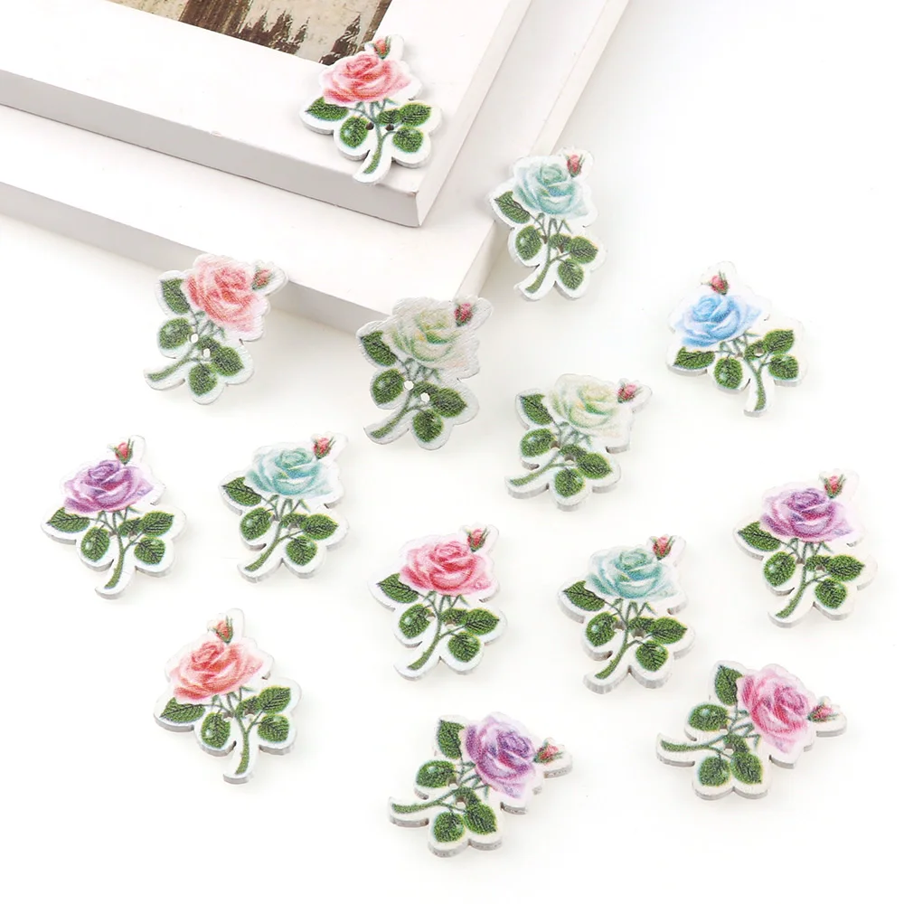 

50Pcs/set Rose Flower Scrapbook Buttons Wooden Button Cabochon 2 Holes Wood Decorative Sewing Buttons Accessories 25x32mm