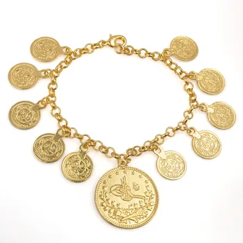 

Gold Color Turkey Middle East African Coin Charm Bracelet for Women Kurdish Chain Bangle Arab Jewelry Length 25CM #J0858