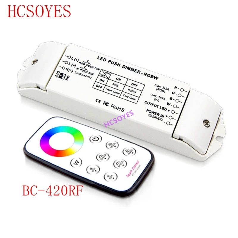 

BC-420RF Led RGB RGBW Strip Controller DC12V 3A*3CH 9A*1CH Output multi function Led 4096 light level, RGBW LED Controller