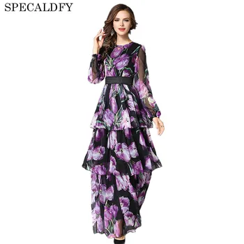 

European Runway Dresses 2020 Women High Quality Autumn Floral Print Boho Maxi Dresses Evening Party Ruffle Long Dress Vestidos