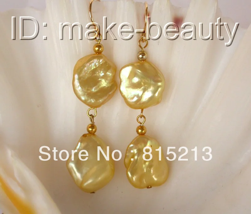

wb00283 stunning big 15mm baroque gold keshi reborn pearl dangle earrings 14K clasp 5.3