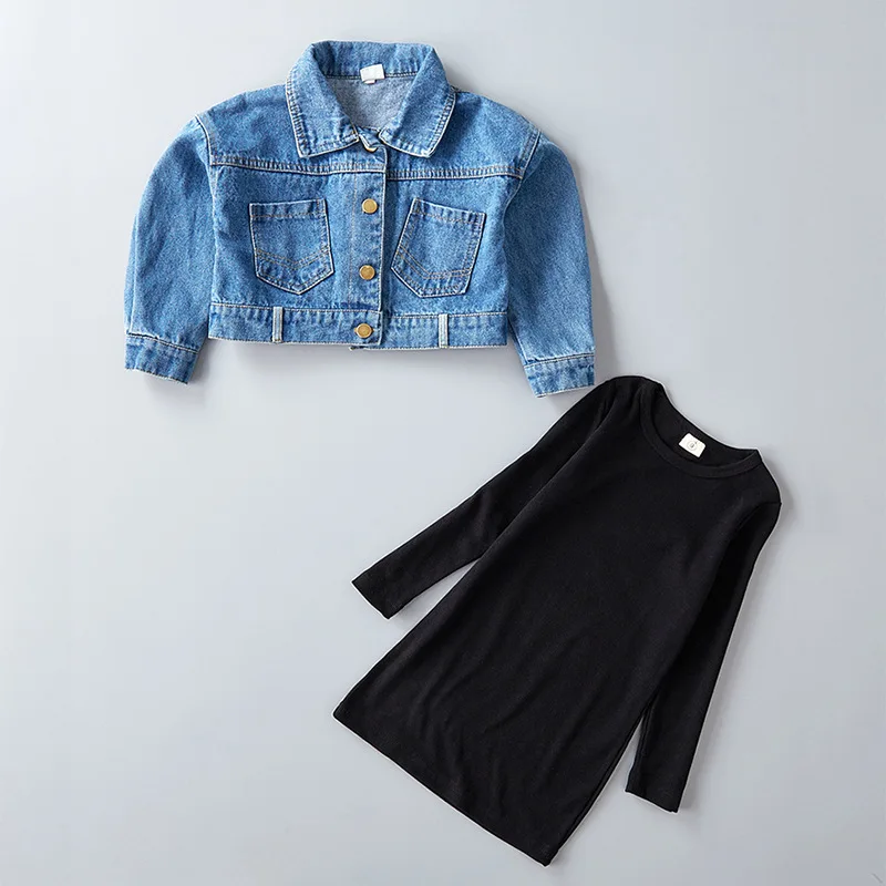 Комплекты одежды для детей, коллекция года, весенние модные комплекты из двух предметов для девочек, джинсовая синяя верхняя одежда с длинными рукавами+ Черное длинное облегающее платье