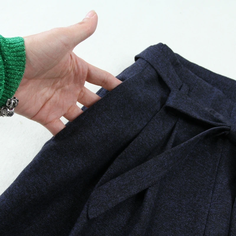 Women's suit set 2019 winter new large size Tibetan blue herringbone Slim long-sleeved suit wild high waist wide leg pants suit