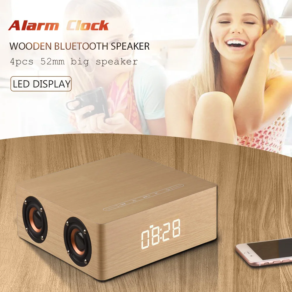

Karabale Alarm Clock HIFI Wooden Bluetooth speaker portable four horns Subwoofer music bluetooth handfree Mic Wireless speakers