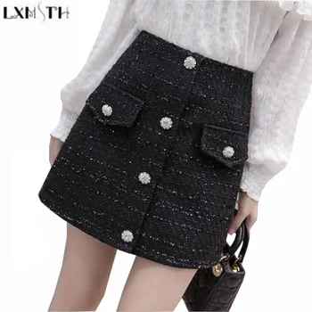 

LXMSTH New 2019 Fashion Women Spring Skirt Korean Women's High Waist Short Skirt A Line Formal Slim Tweed Woman Skirts Elegant