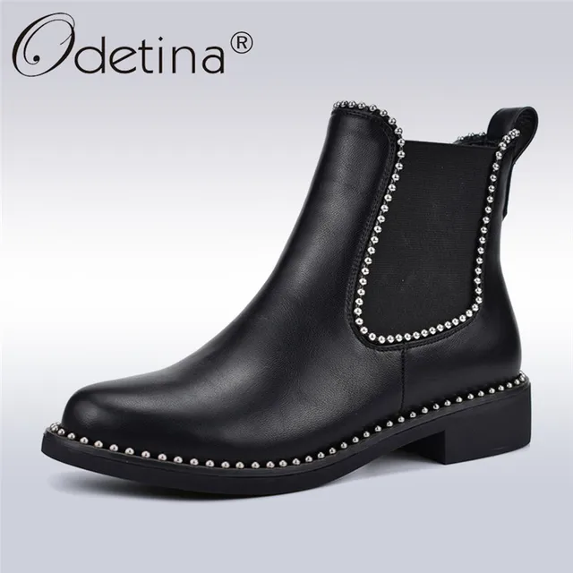 Special Price Odetina New Fashion Rivet Chelsea Boots For Women Comfortable Chunky Heels Slip On Elastic Boots Women Ankle Boots Autumn Winter
