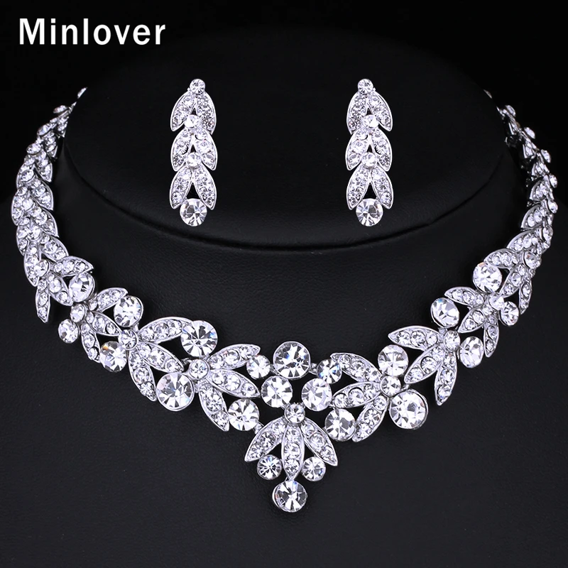 Minlover Silver Color Crystal Bridal Jewelry Sets Leaf Shape Choker Necklace Earrings Wedding Jewelry for Women TL206
