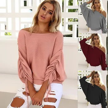 

Womens Sweaters 2018 Winter And Autumn Sweet Warm Kintted Pullovers Sexy Off-Shoulder Nine Point Sleeve Women Tops