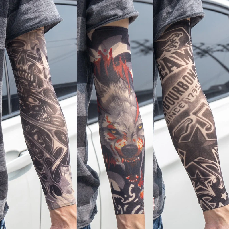 3PCS/lot new mixed 100%Nylon elastic Fake temporary tattoo sleeve skull wolf totem dragon