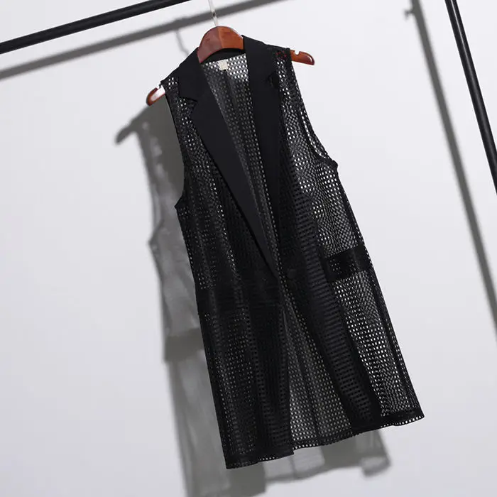 

2019 new turn-down collar women vest black hollow out long see-through office lady elegant loose slim female outwear coat tops