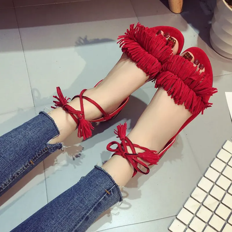 

PADEGAO Shoes Woman Fashion Tassel Straps Flat Sandals For Women Flip-flops Women Summer Beach Shoes Black Green Red 40,41,42