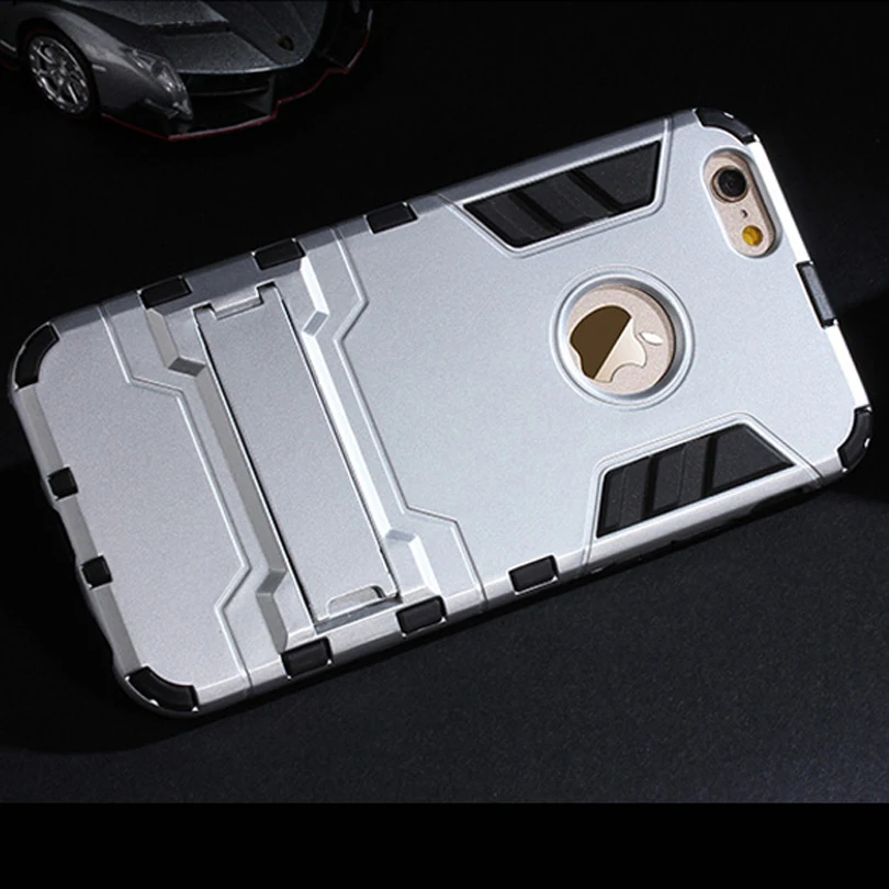 

Case For iPhone 6S ! Luxury Soft Silicon + PC Hard Armor Iron Man Case For iPhone 6 6S Phone Anti-knock Back Cover With Stand