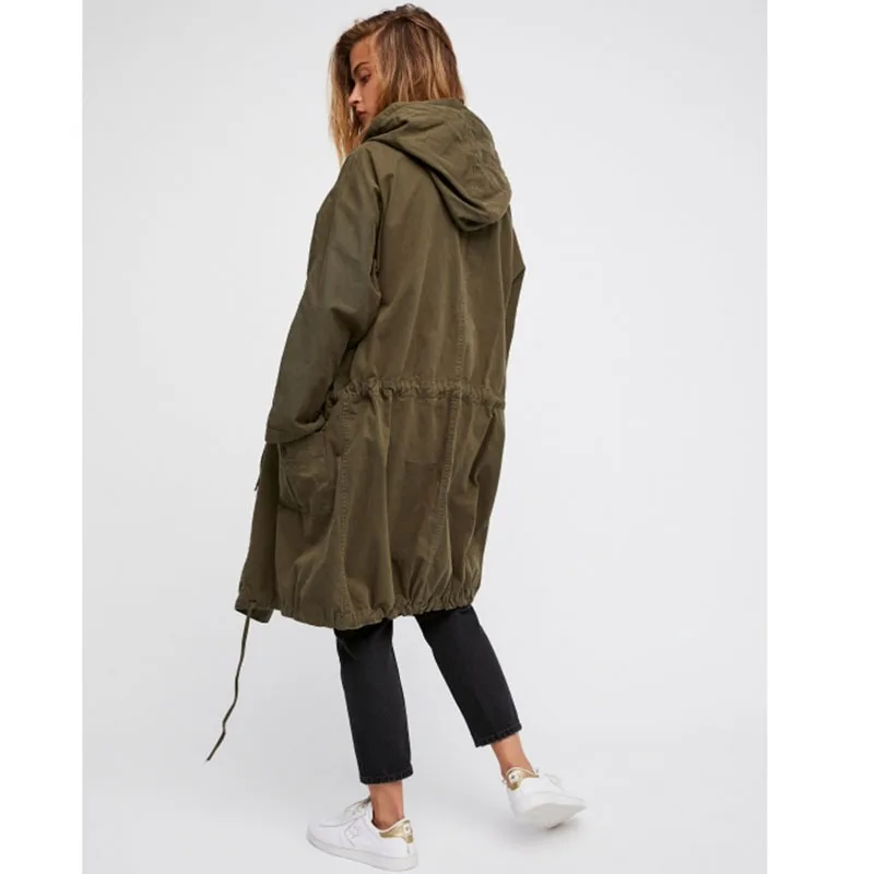  HDY Haoduoyi Women Trench Coats Vintage Cargo Draped Long Coat Winter Autumn Casual Hooded Coats Ar