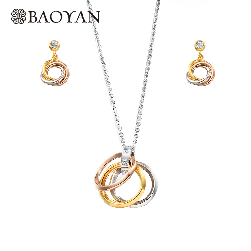 

Baoyan Jewelry Sets Stainless Steel Rose Gold Silver Mix Color Circle Necklace Mix Color Chain Cubic Zirconia Hoop Earring Women