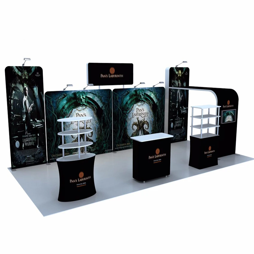 

20ft Custom Protable Tension Fabric Trade Show Display Booth Kit Pop up banner with counter shelves Lights