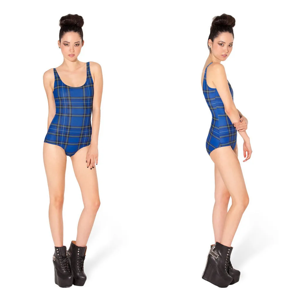 Blue font b Tartan b font Swimwears Sexy High Waist One Piece Swimsuits Back Hollow Out