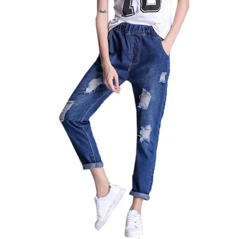 Autumn Hole Jeans Women Casual Elastic Waist Denim