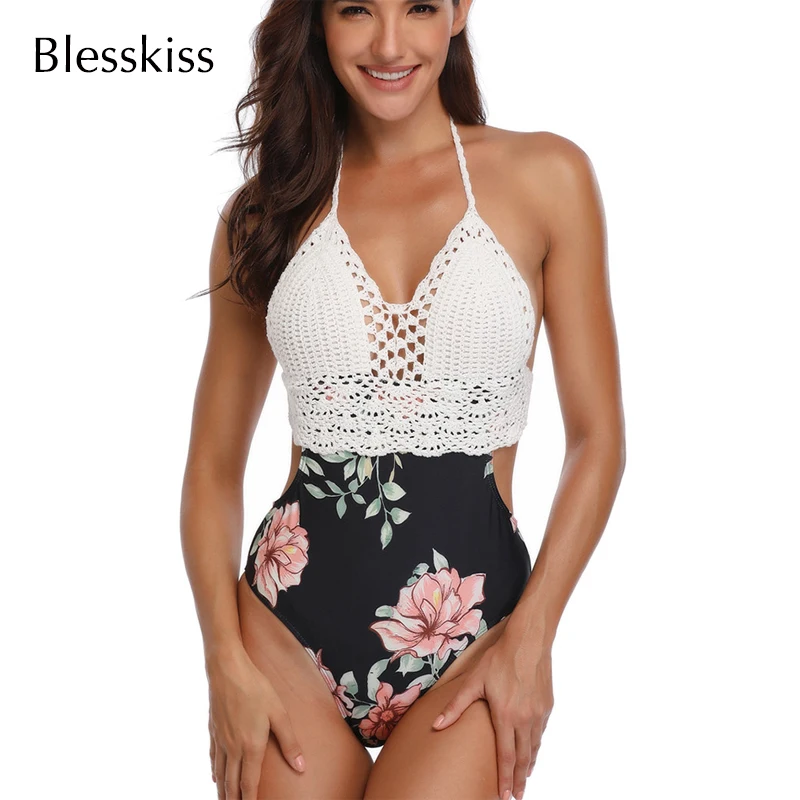 

2019 Sexy Crochet Swimsuit Women One Piece Monokini Swimwear Cut Out High Waist Swimming Suit For Ladies Bathing Suit Trikini