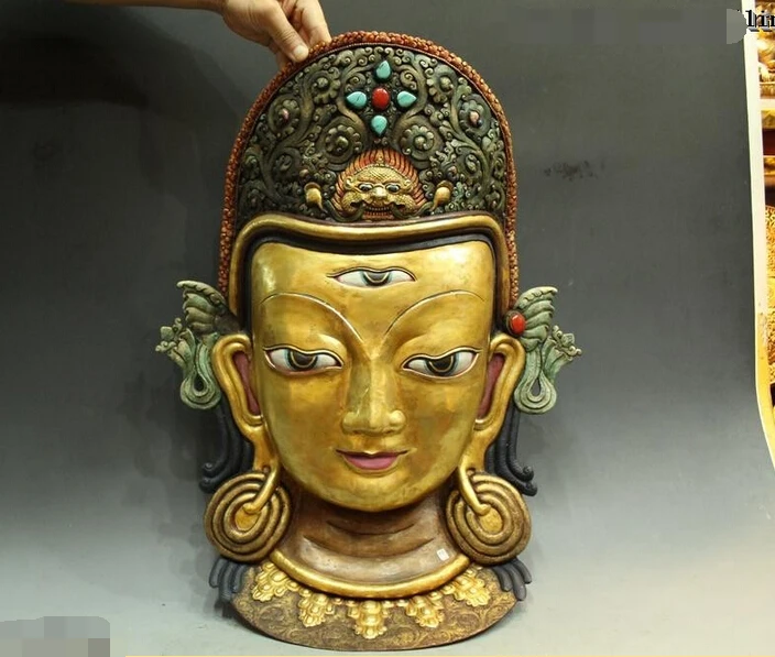 

25"Tibet Buddhism Folk Bronze 24K Gold Carved Kwan-Yin Buddha caput Mask Statue R0715 (B0328)