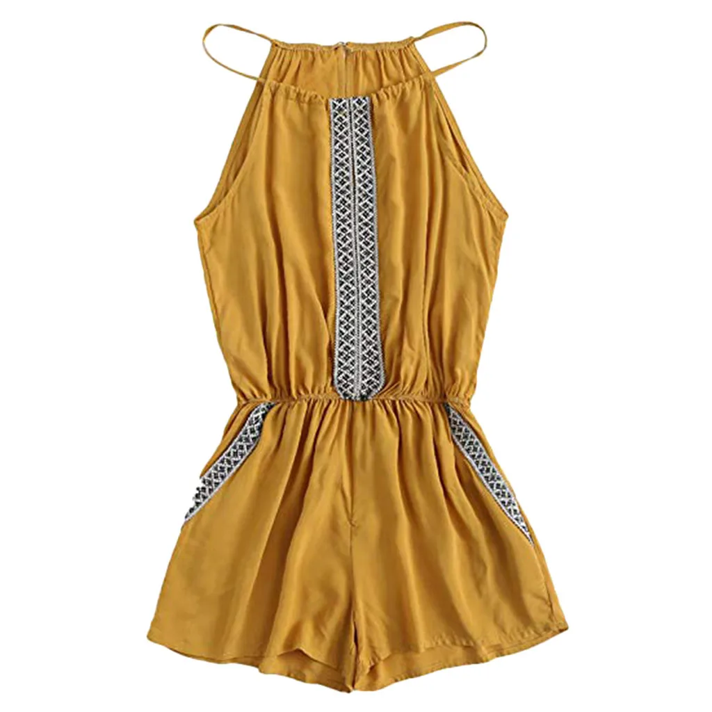 

Women's Casual Embroidered Tape Detail Camis Romper with Pockets Playsuits romper women overalls for women bodysuit #0325