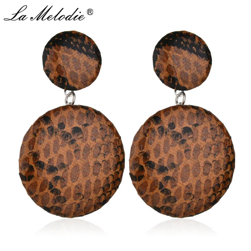 

New Trendy Snakeskin Pattern Drop Earring Retro Brown Leather Round Geometric Long Pendant Dangle Earrings For Women Ear Jewelry