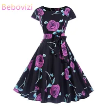 Bebovizi ropa de mujer 2019 cuello redondo A-Line vestidos informales de oficina corto Sexy fiesta elegante flor estampado 50s Vintage vendaje vestido
